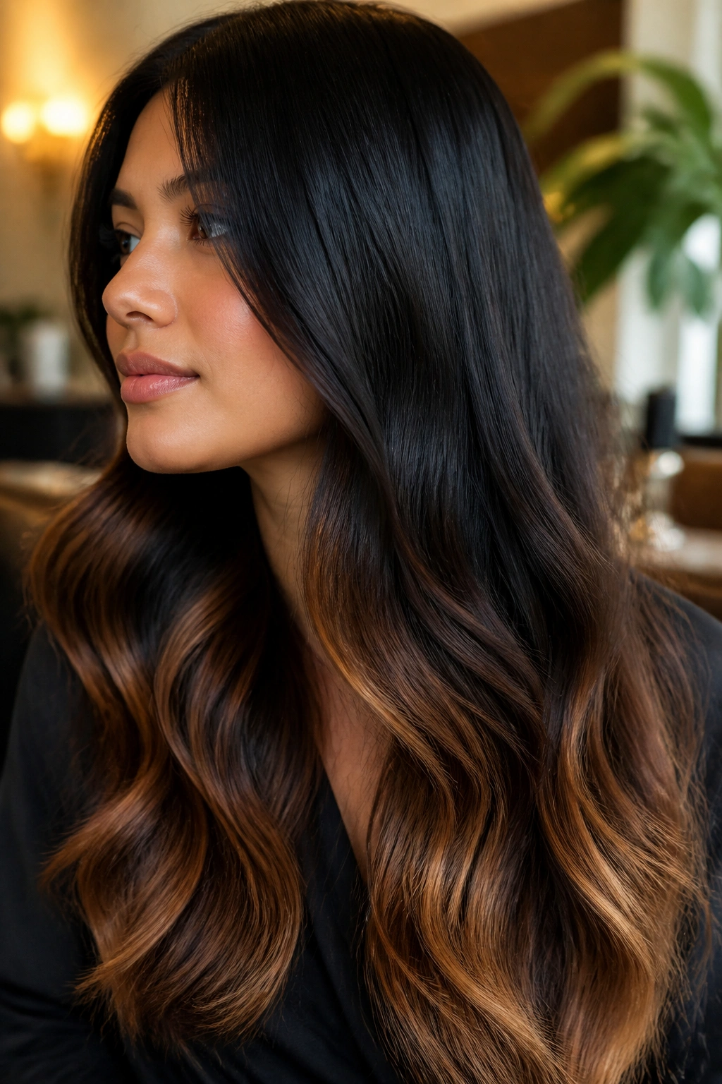 Close-up portrait showcasing cinnamon-caramel glossed ends on long hair