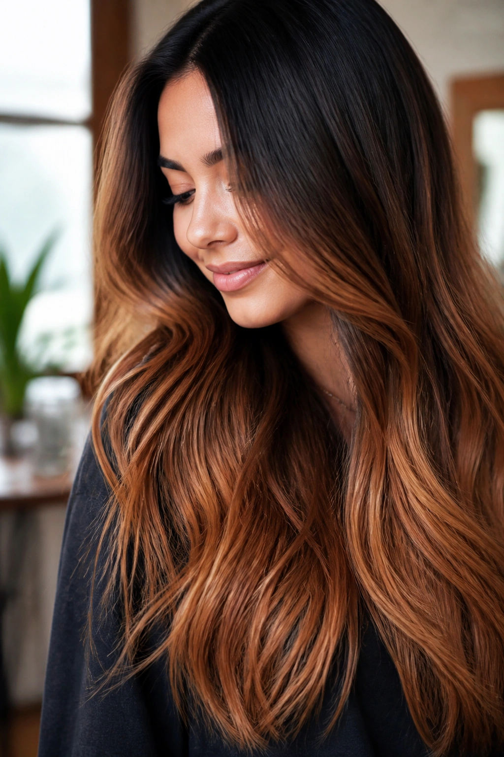 Close-up of a real woman's hair with cinnamon-caramel ends and dark roots on long hair