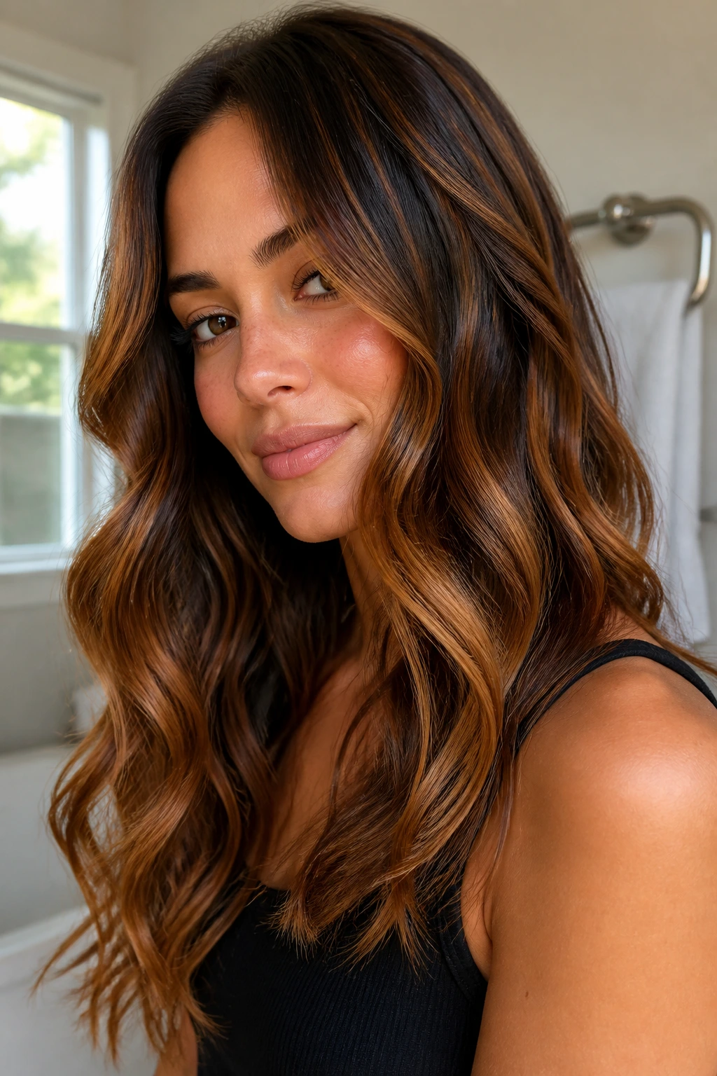 Close-up of cinnamon caramel melt on wavy brunette hair in a cozy home setting