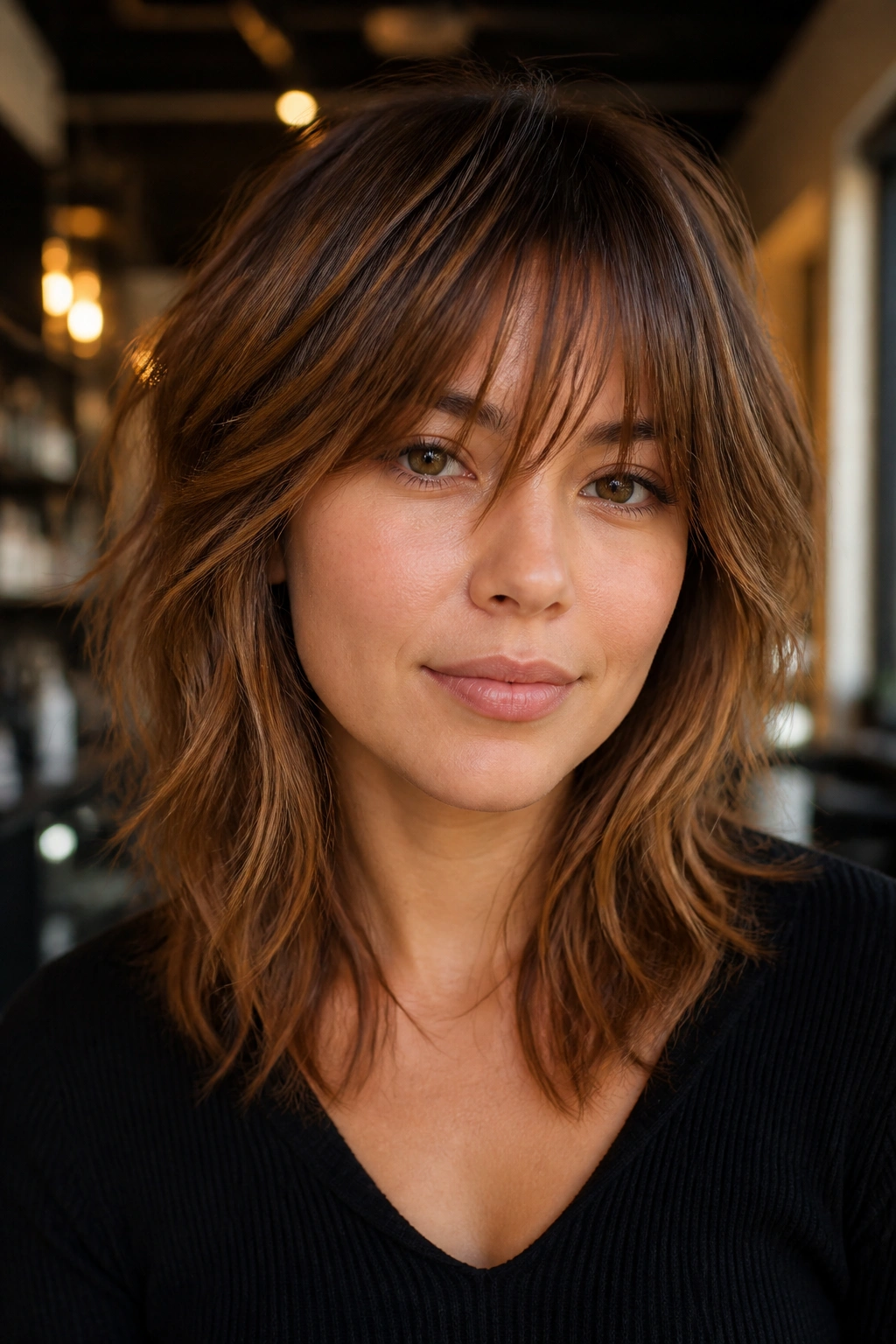 Close-up portrait of a woman with cinnamon caramel highlights in a shag with wispy fringe