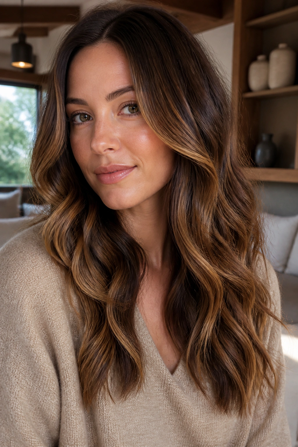 Close-up portrait of wavy hair with cinnamon caramel highlights near the face
