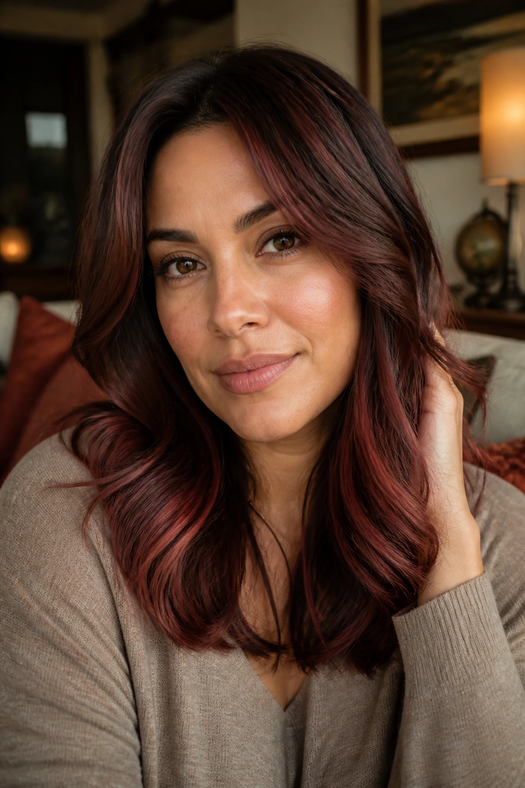 Close-up portrait of a brunette with cinnamon-cherry dimension and soft color transitions