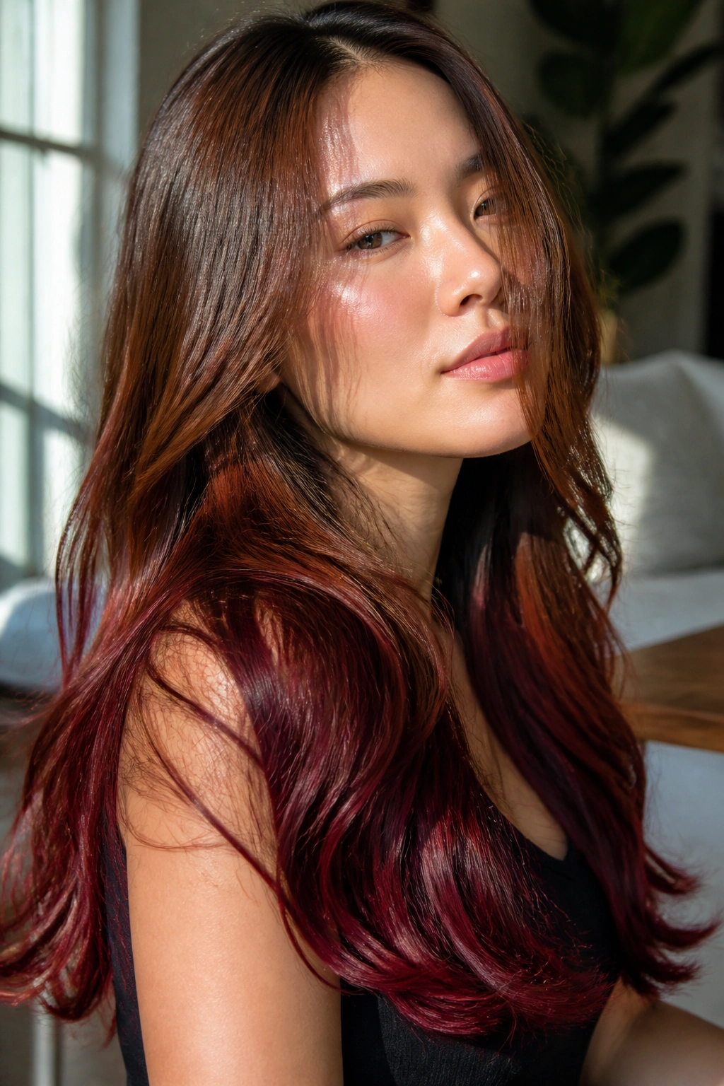 Close-up of real woman's long hair with cinnamon red-brown shade and cherry ends in soft light.