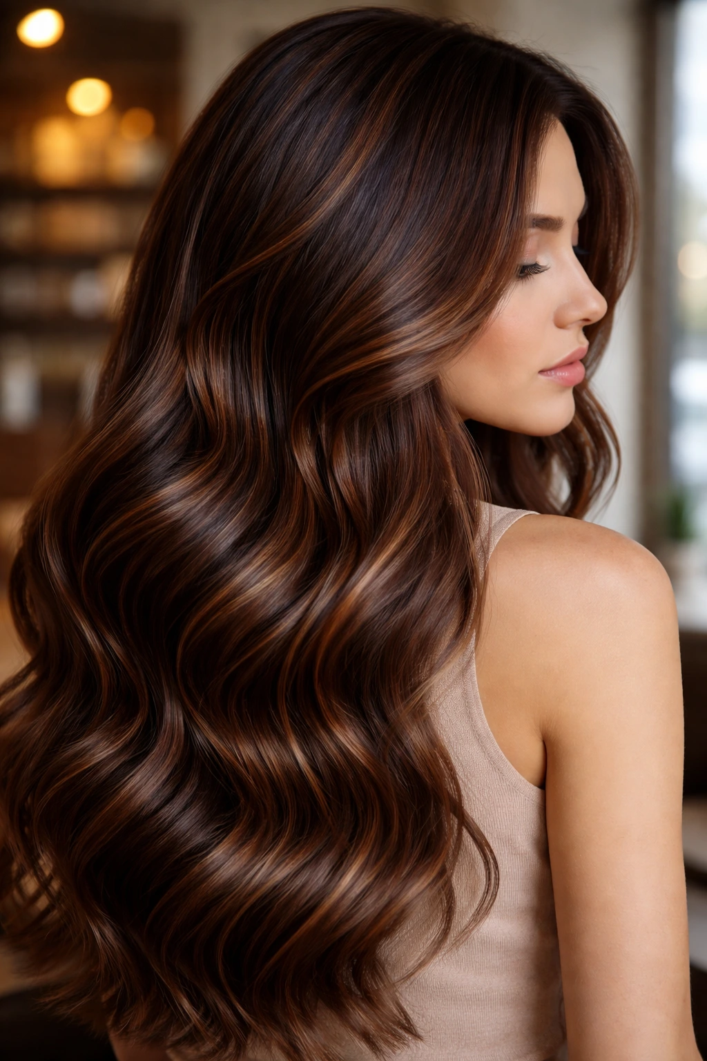 Close-up of a real woman with cinnamon chocolate swirl hair color in a swirl melt.