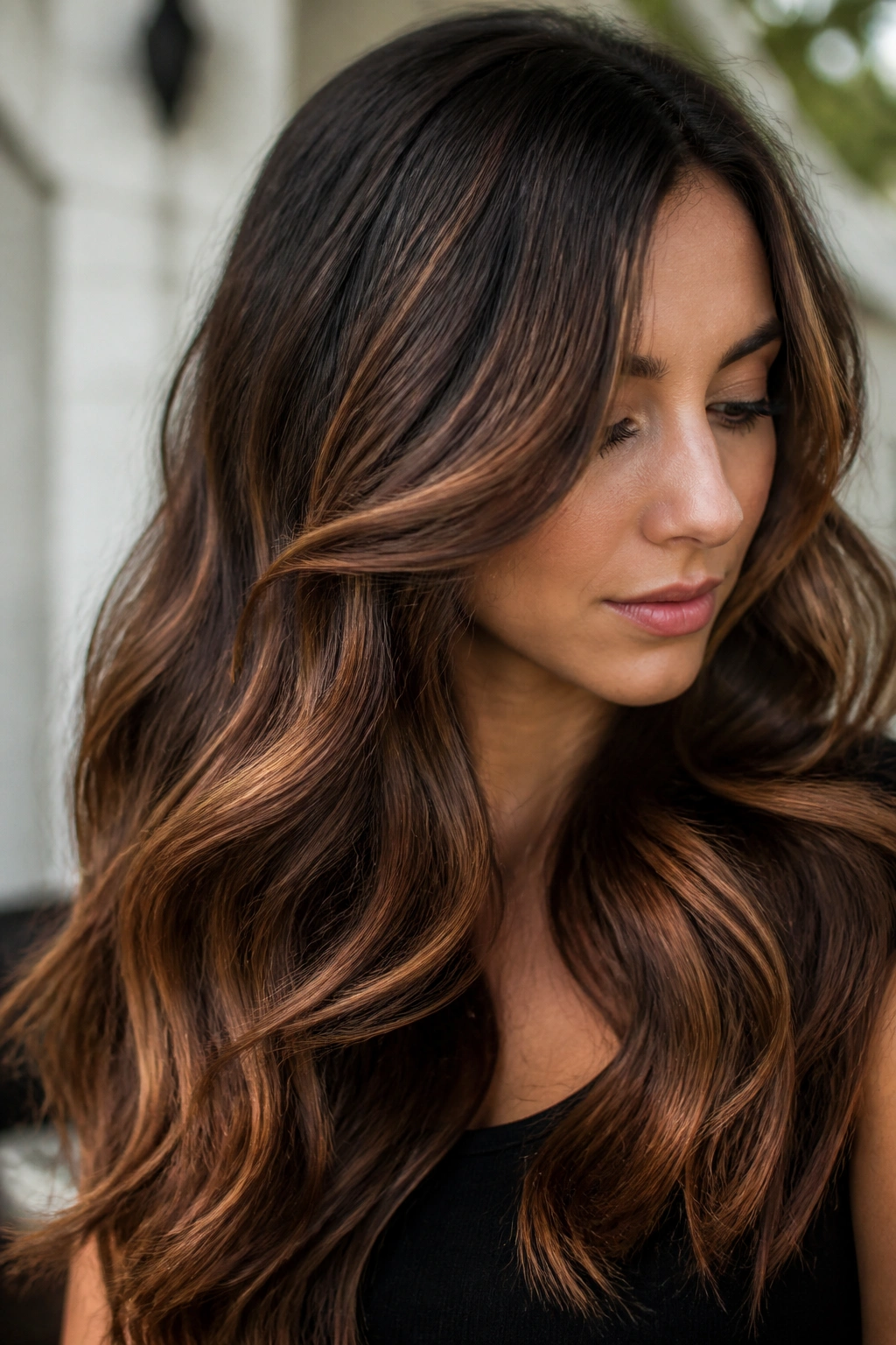 Hair with cinnamon-chocolate swirls woven in thin curved ribbons on brunette locks.