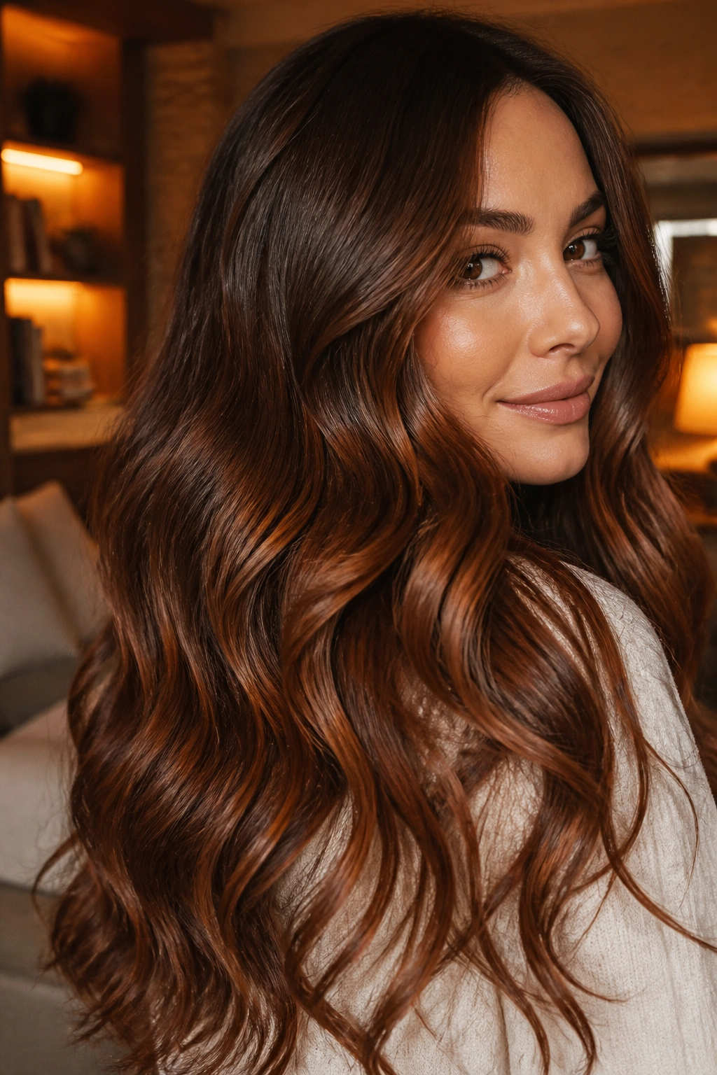 Close-up of a real woman with cinnamon cocoa brunette hair and warm cinnamon glaze