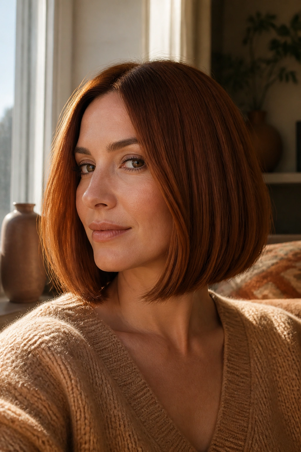Real woman with a cinnamon collarbone bob, collarbone-length with blunt ends.