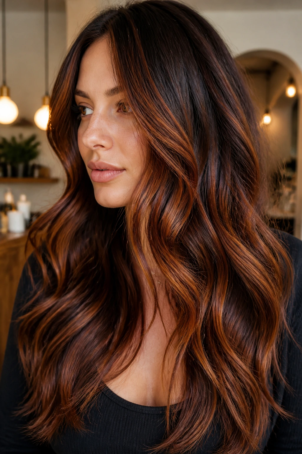 Close-up thick-haired woman with cinnamon copper balayage ribbons