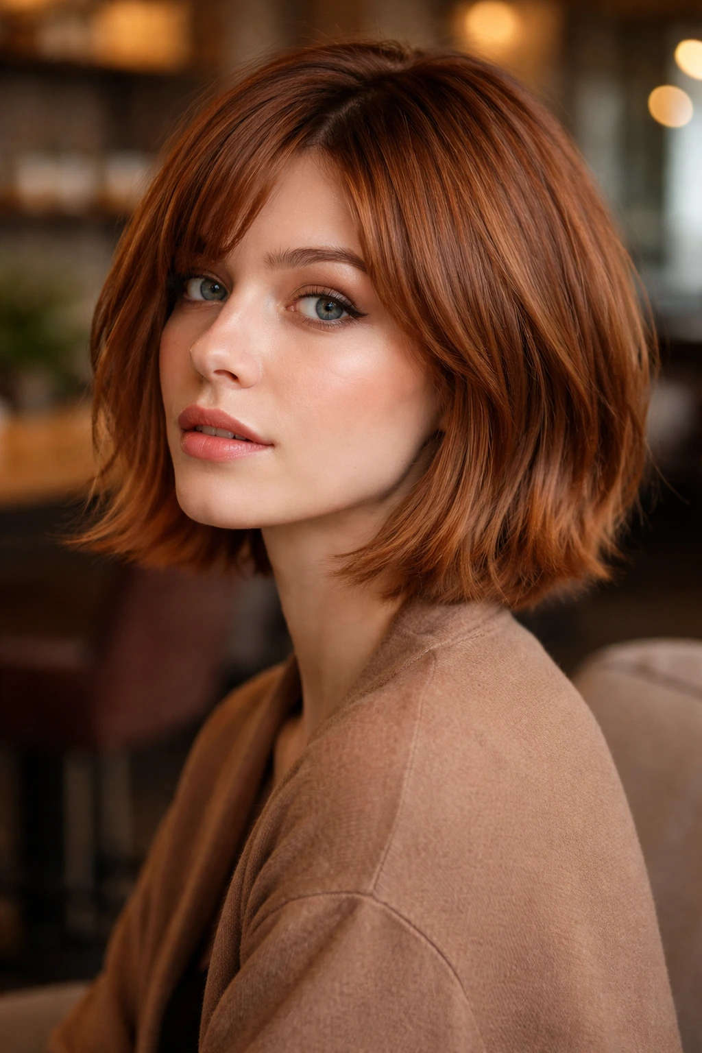 Portrait of real person with cinnamon copper bob and piecey ends in warm indoor light
