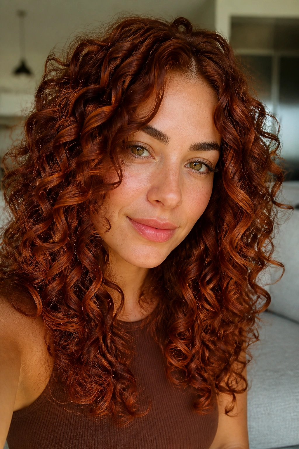 Close-up of cinnamon copper curls on a real woman with defined ringlets