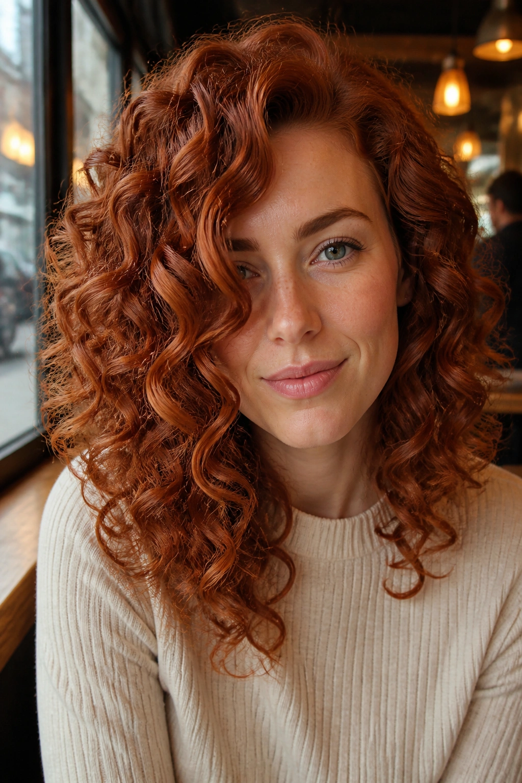 Close-up portrait of a real woman with cinnamon copper curls in warm cafe light