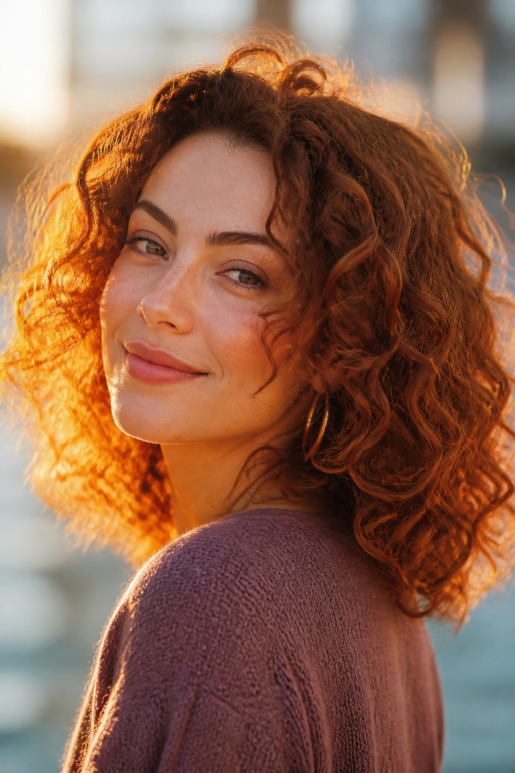 Close-up of real woman's cinnamon copper curls in golden hour sunlight