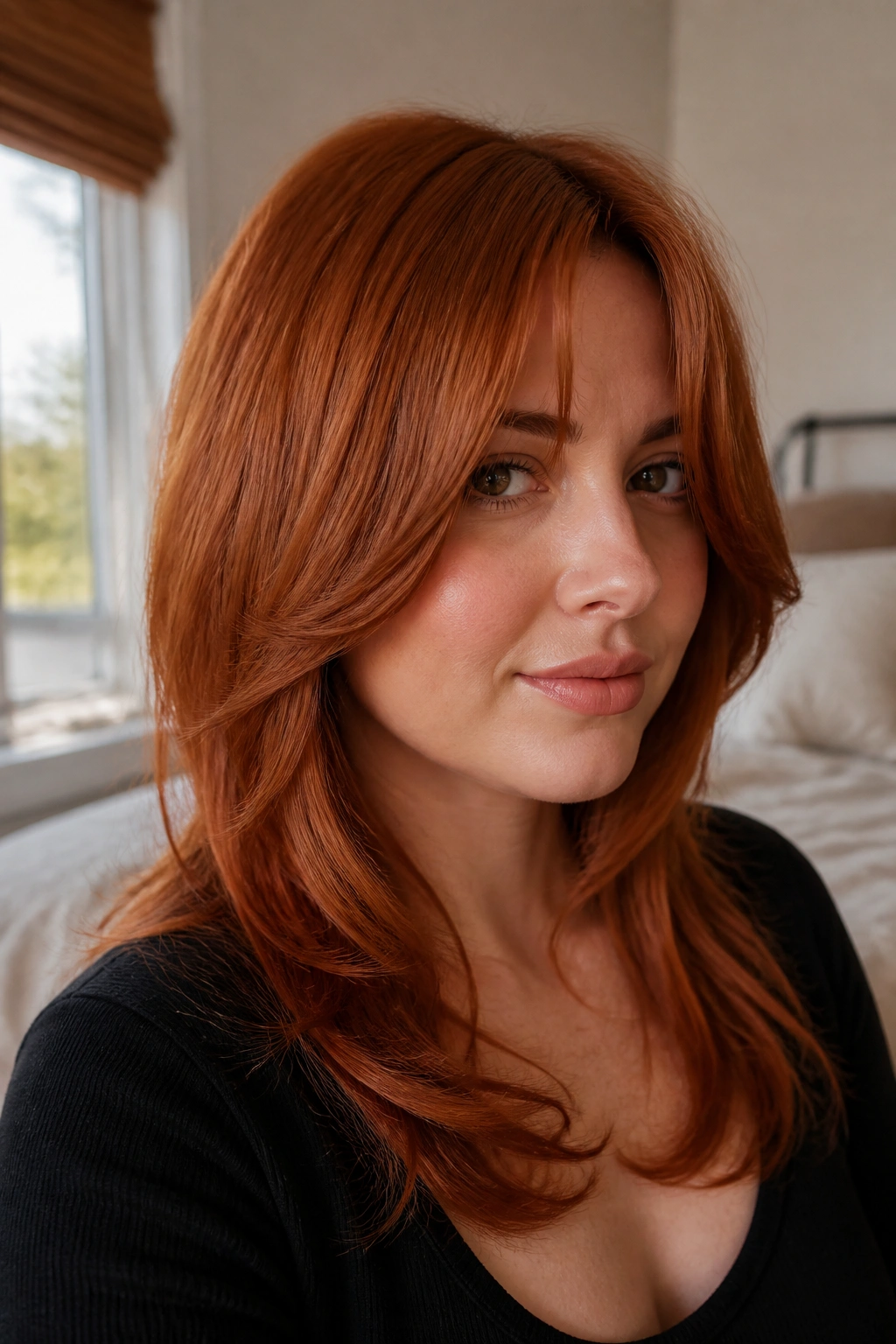 Real woman with cinnamon copper hair and long curtain bangs in natural daylight