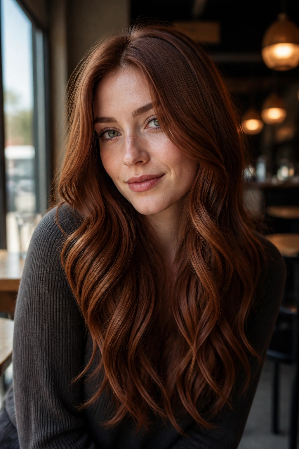 Close-up of a woman with burnished cinnamon copper hair on cool skin tone