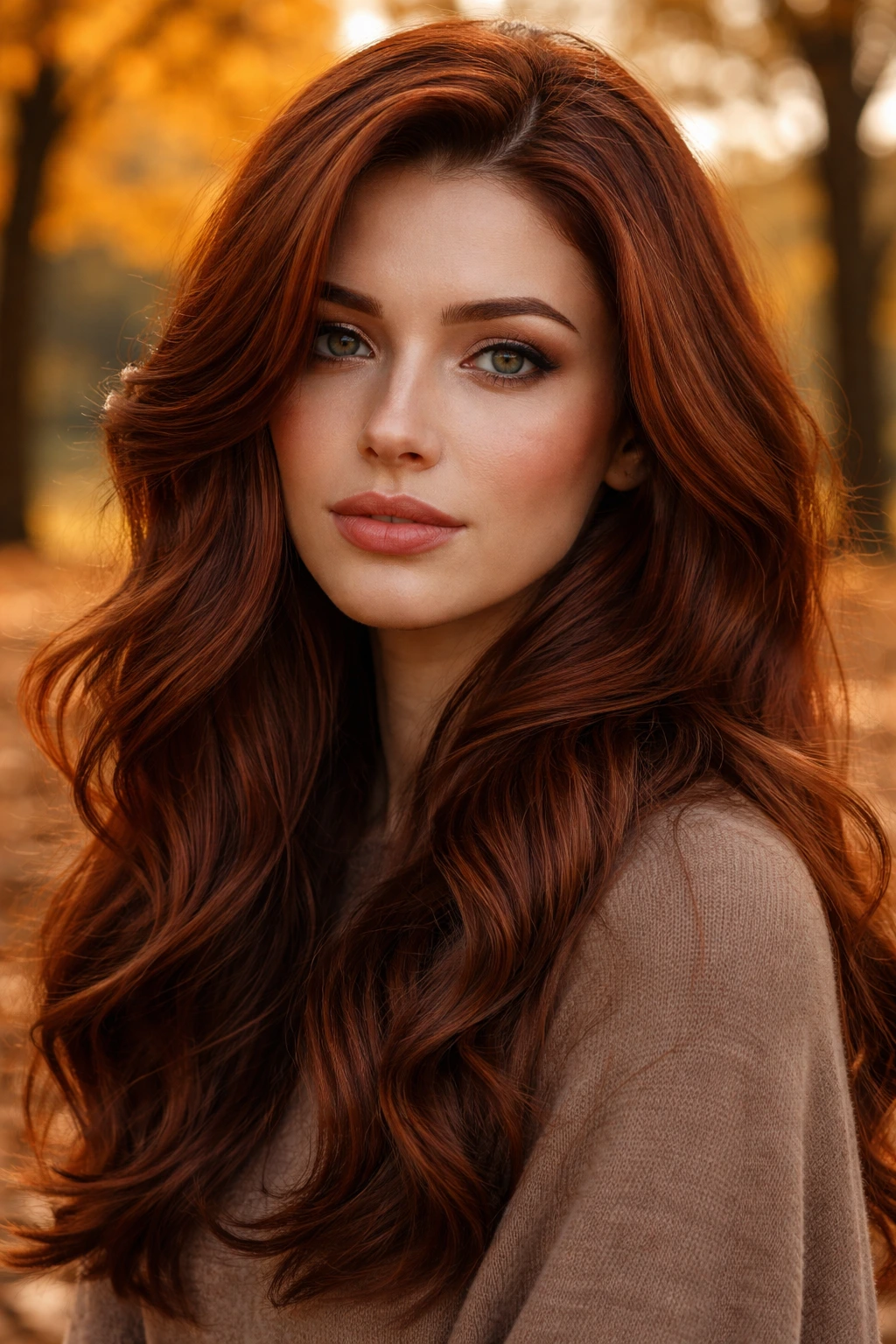 Close-up of a real woman with deep cinnamon copper hair in golden hour light