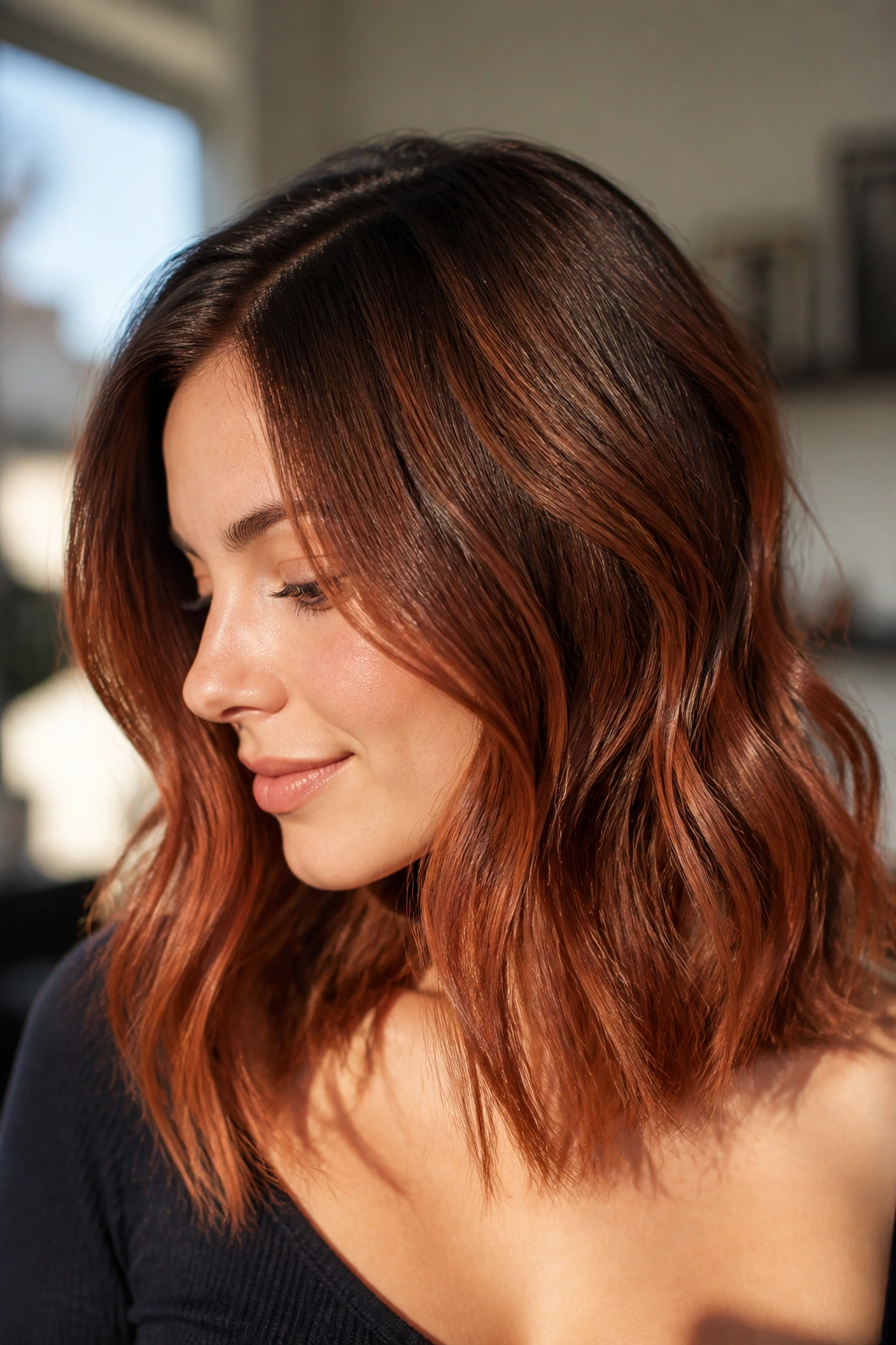 Close-up of a real woman's cinnamon copper melt hair with chestnut roots and copper ends