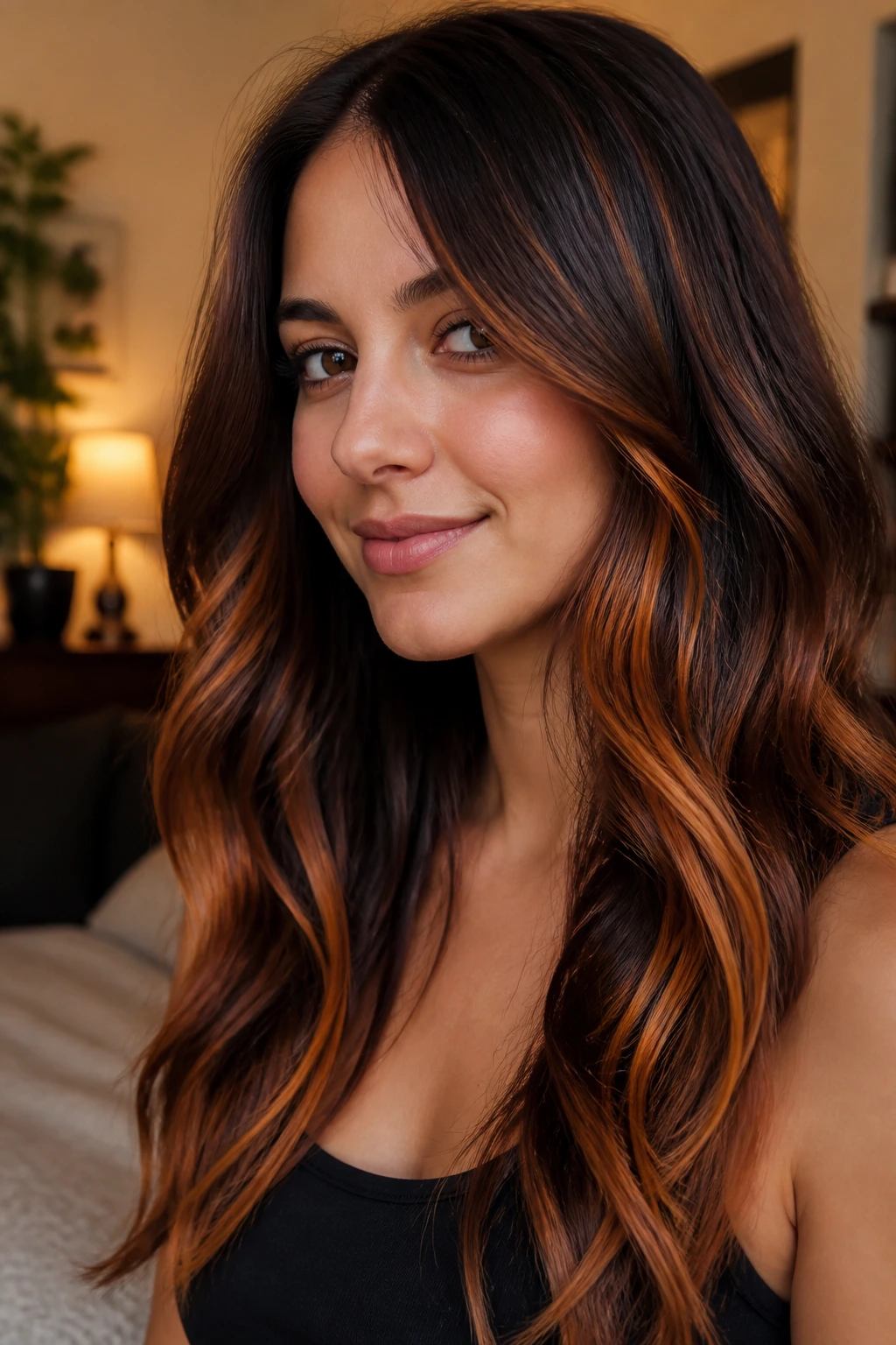 Close-up of cinnamon and copper ribbons woven through mid-length hair