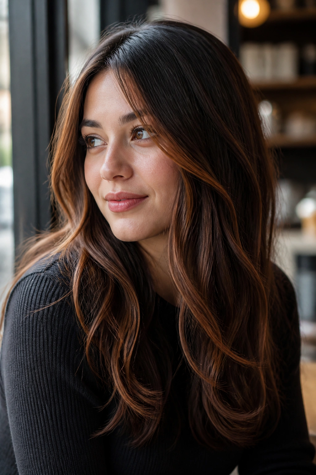 Close-up of chocolate brown hair with cinnamon copper ribbons around the face.