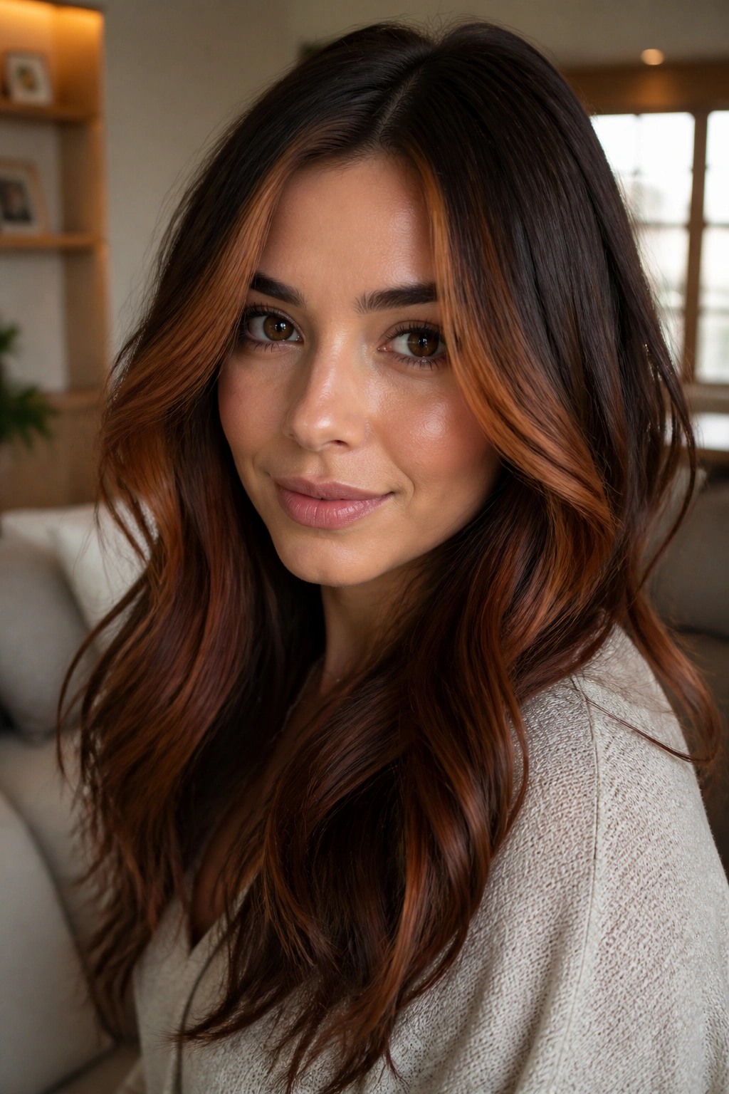 Close-up portrait of a woman with cinnamon copper face-framing ribbons enhancing cheekbones