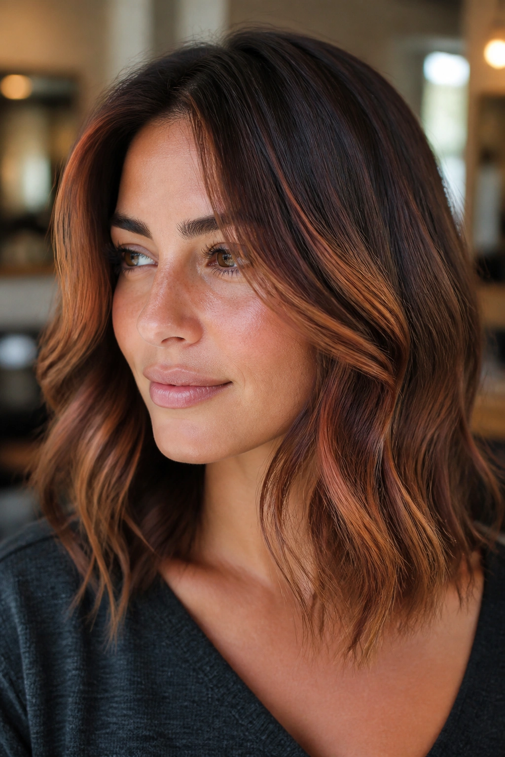 Close-up of a woman with cinnamon copper ribbons woven through shoulder-length brown hair in soft waves
