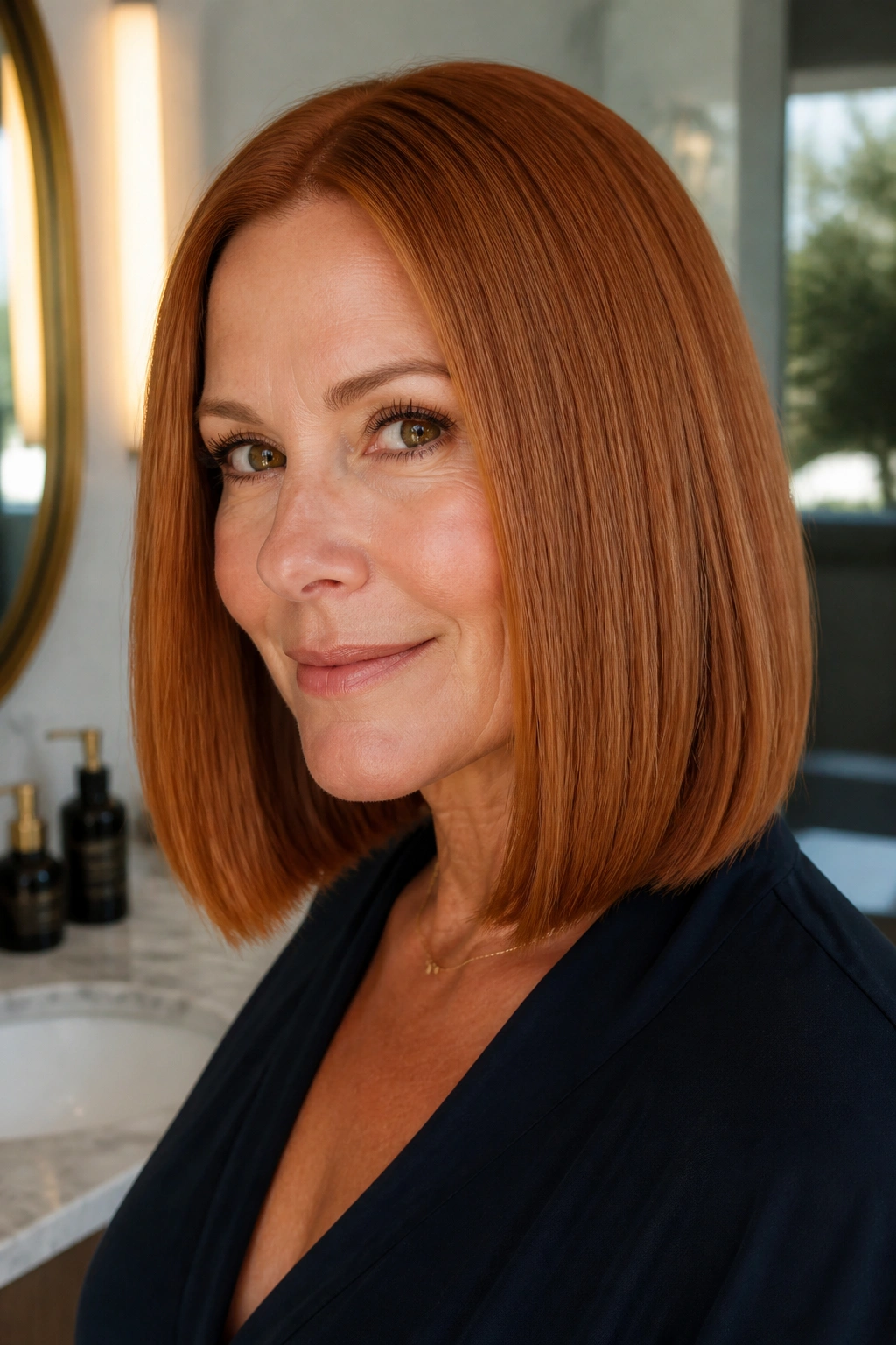 Real woman with cinnamon copper sleek blunt lob in daylight