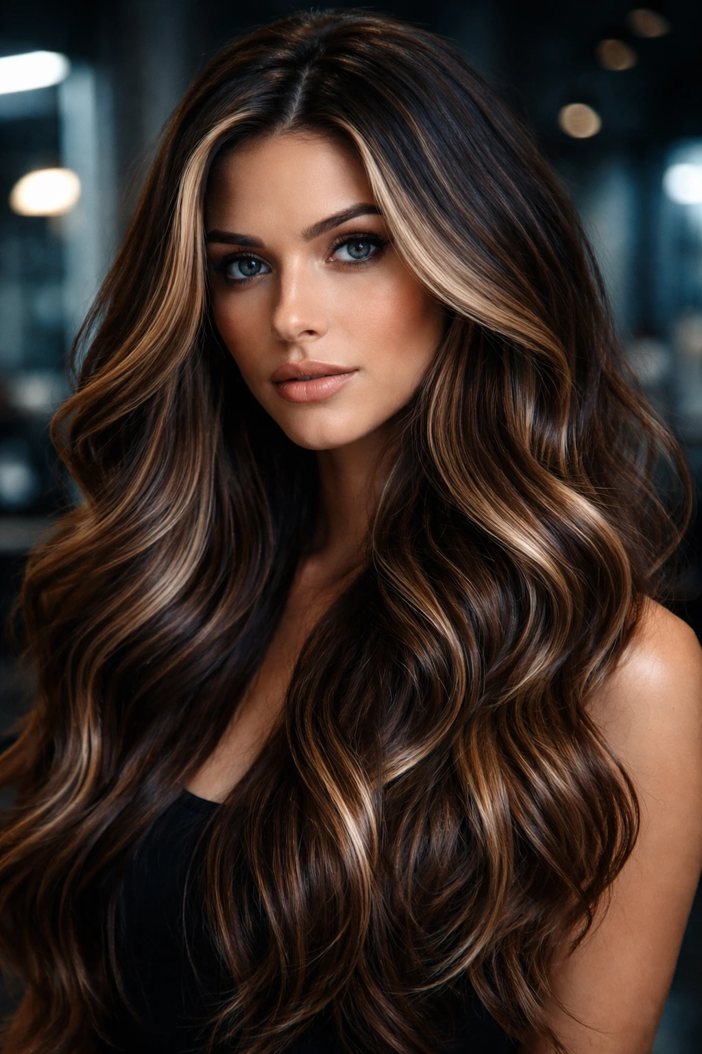 Close-up of real woman with cinnamon frost highlights on espresso dark hair.