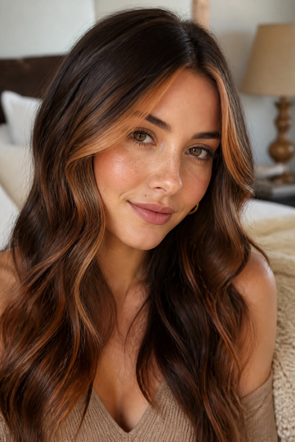Face-framing cinnamon ribbons highlighting front of brown hair