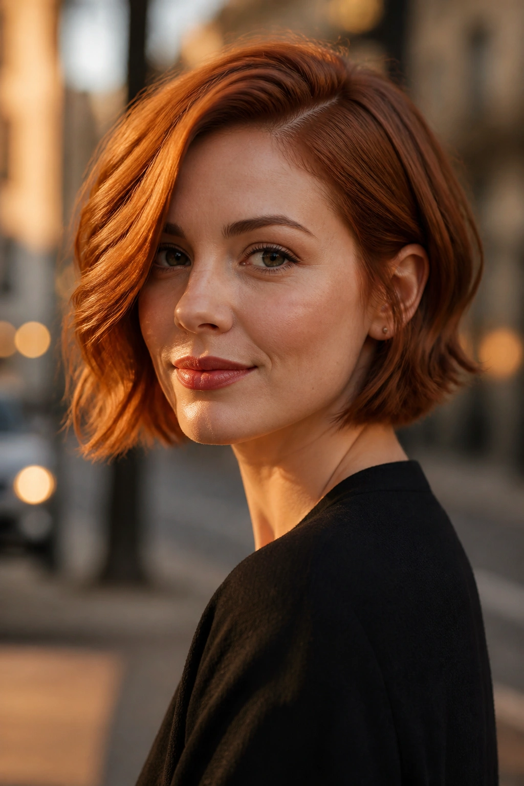 Portrait of a real person with cinnamon French bob and deep side part