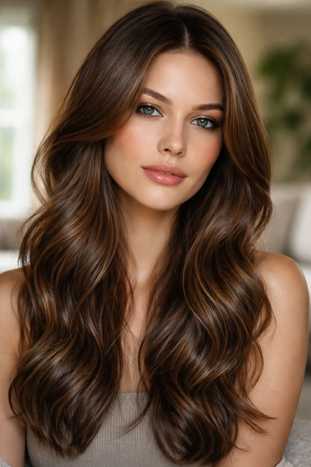 Real woman with cinnamon glaze over ash brown hair
