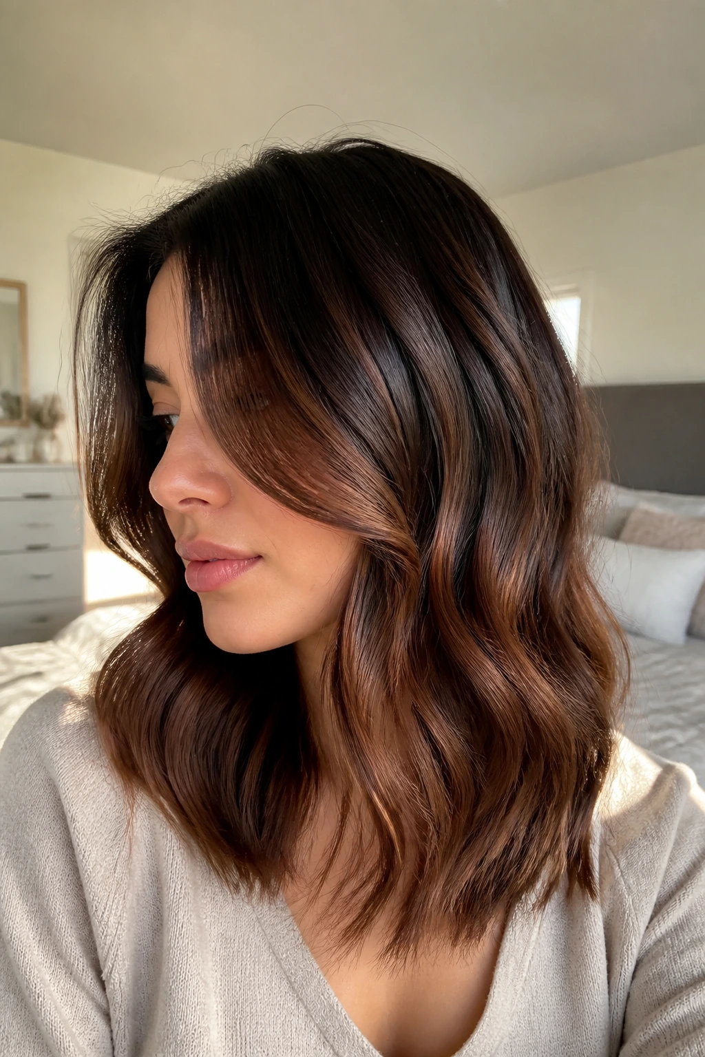 Medium close-up of a real woman with cinnamon glaze balayage on midlength hair
