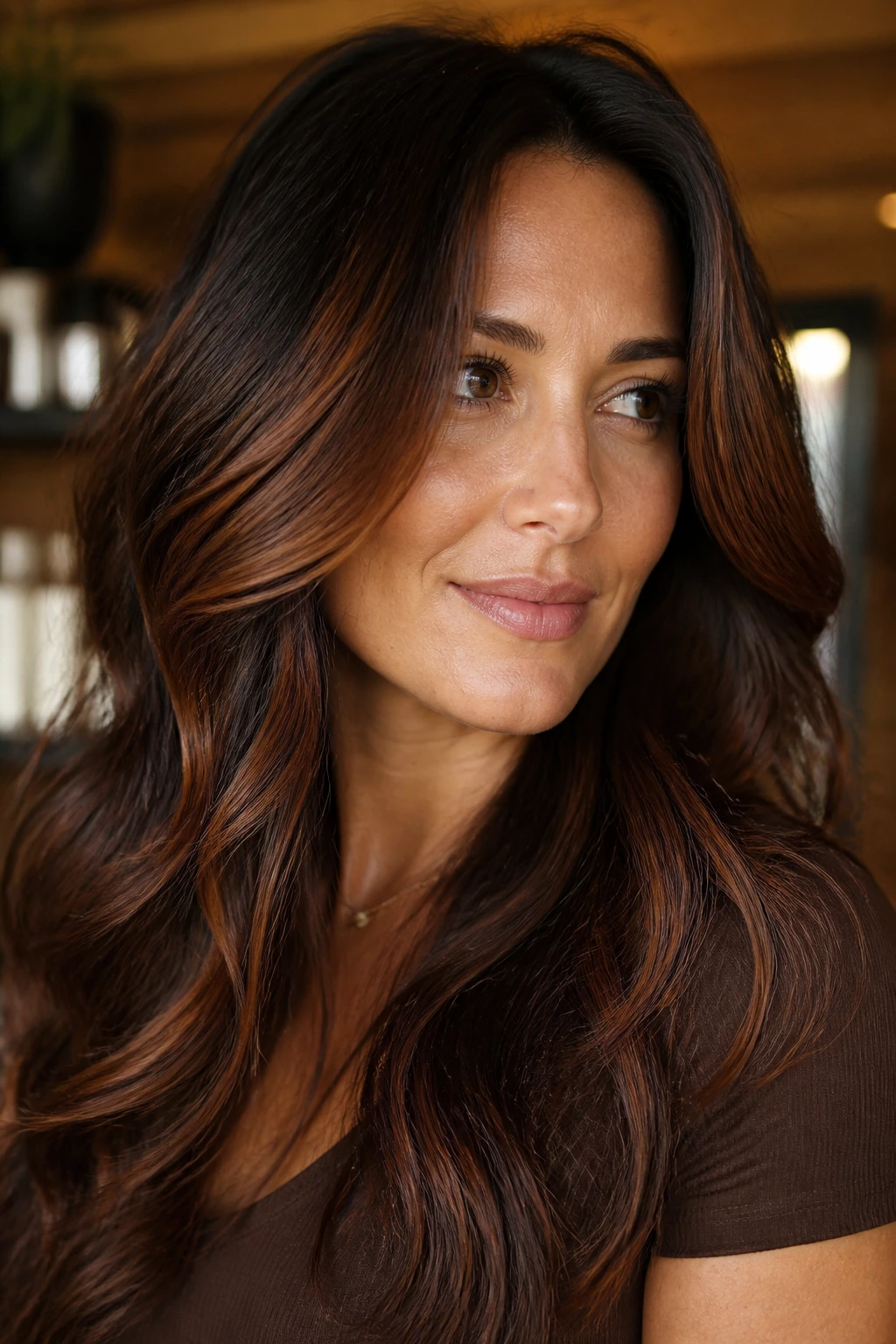Close-up of brunette with cinnamon glaze lowlights and glossy finish in a salon setting