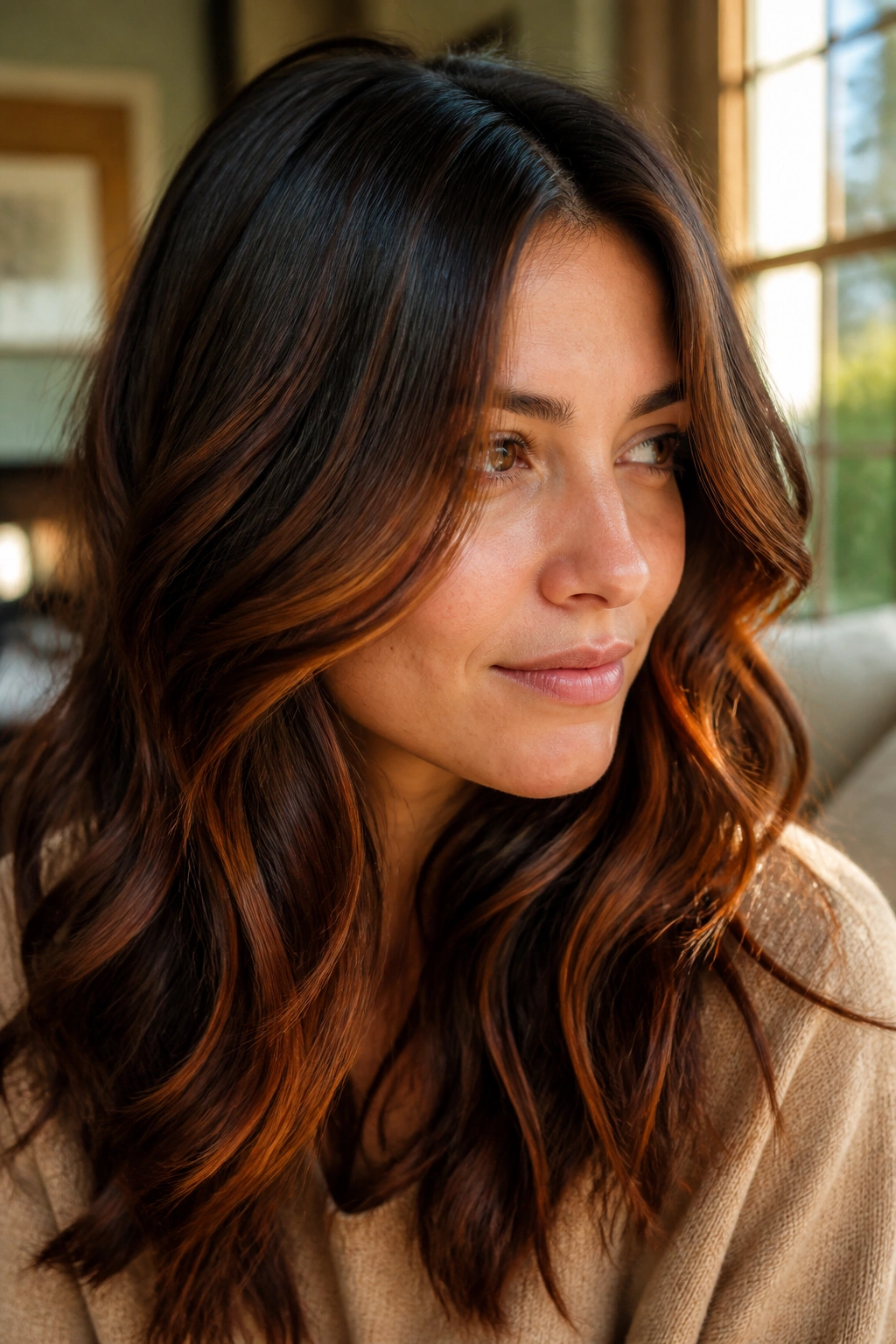 Close-up of cinnamon ribbon highlights on brown hair with soft waves