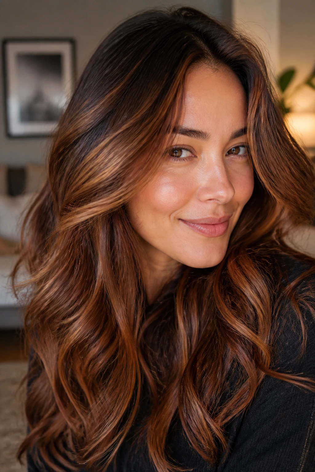 Close-up of cinnamon highlights on brown hair
