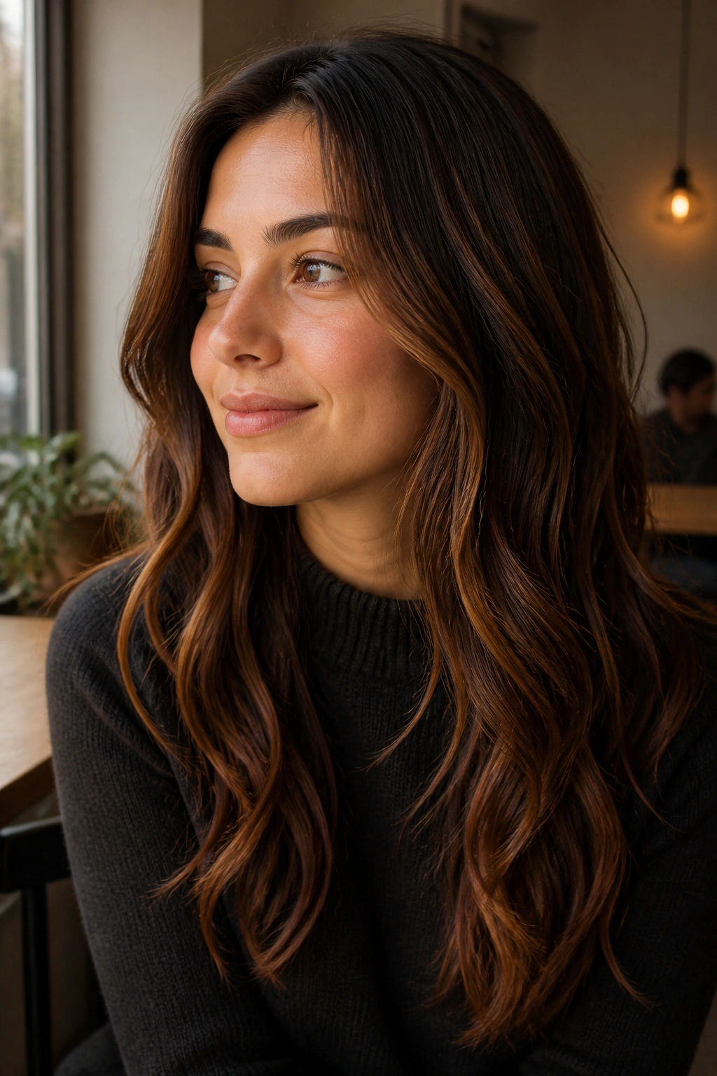 Portrait of warm brown hair with cinnamon pieces through mid-lengths and ends.