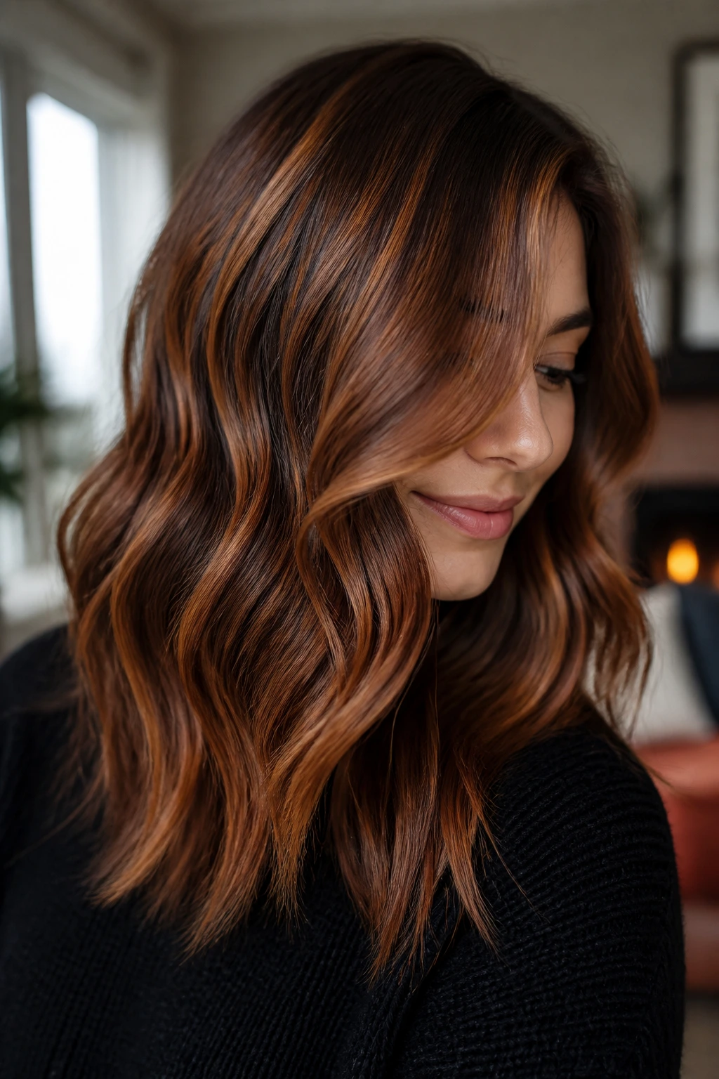 Close-up of a real person with cinnamon highlights on wavy brown hair