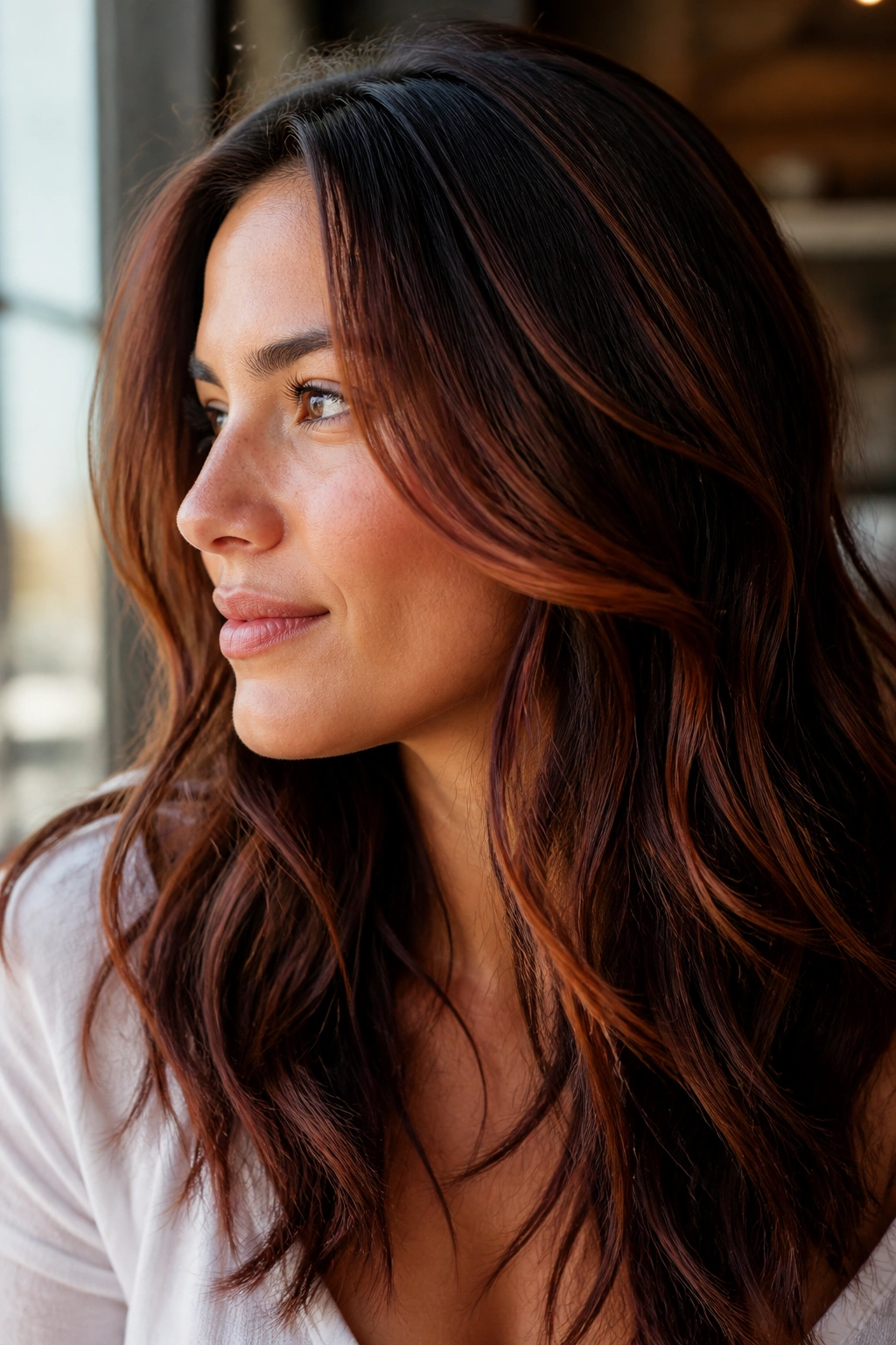 Close-up of a real woman with cinnamon highlights in brunette hair under warm light