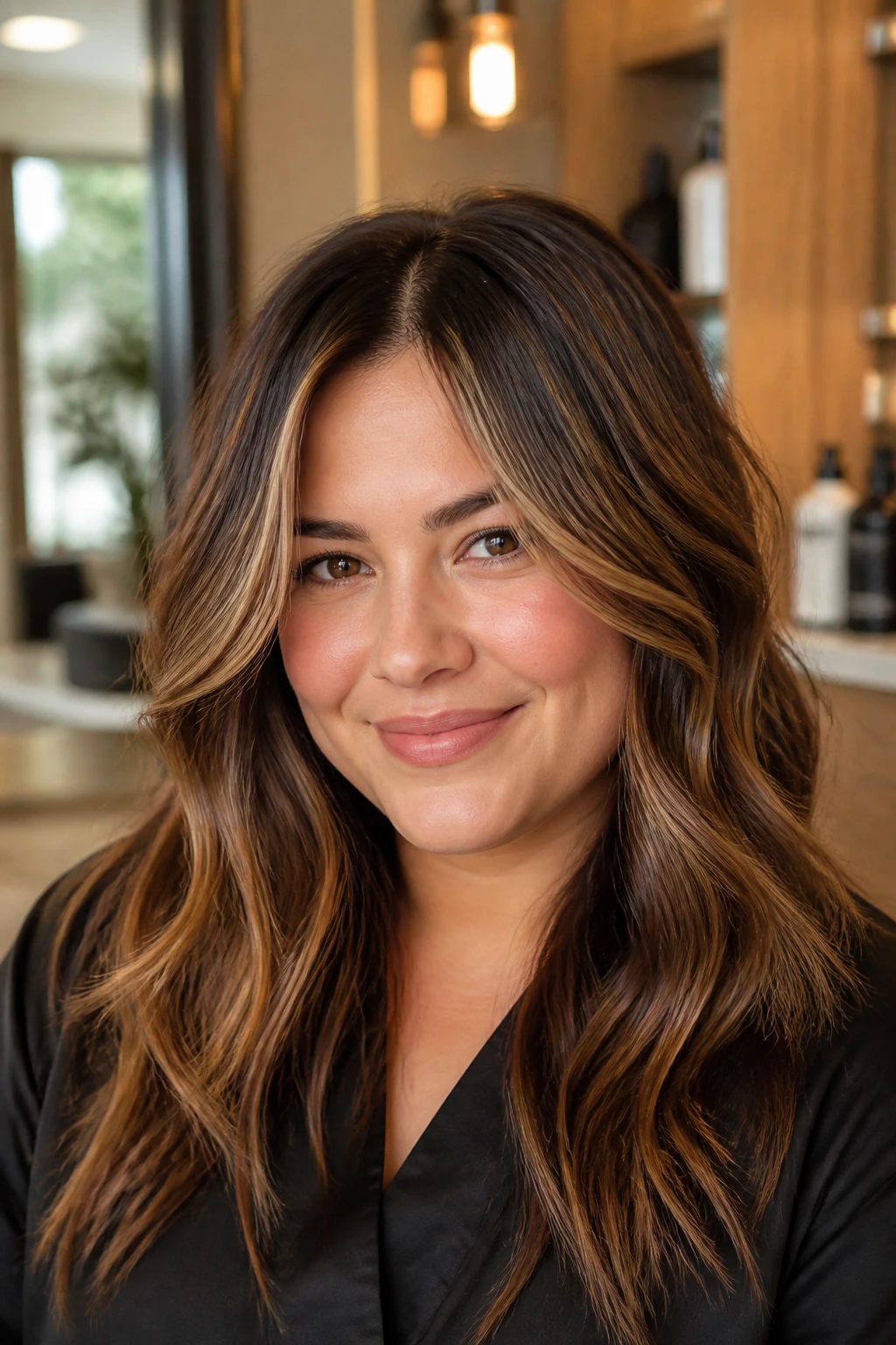 Close-up of a real woman with cinnamon swirl highlights on a warm brunette base and face-framing pieces.