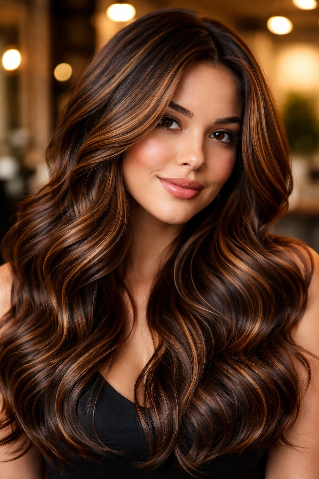 Close-up of a woman with cinnamon swirl highlights weaving through her hair.