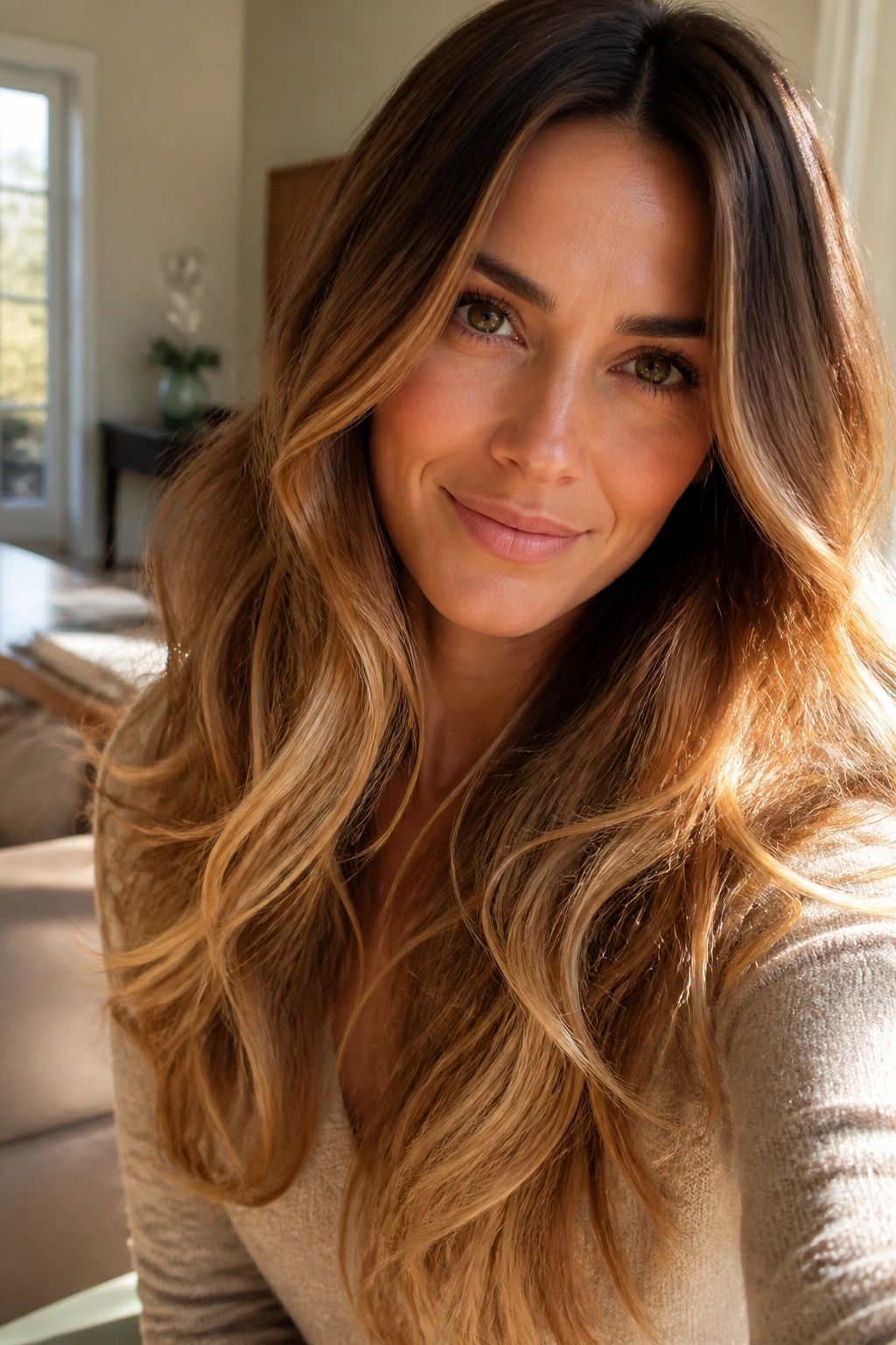 Real woman with cinnamon brown roots fading to sunlit honey blonde in soft waves