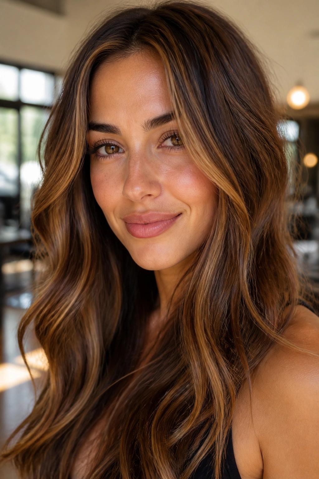 Close-up of a real woman with cinnamon honey highlights on warm brunette hair