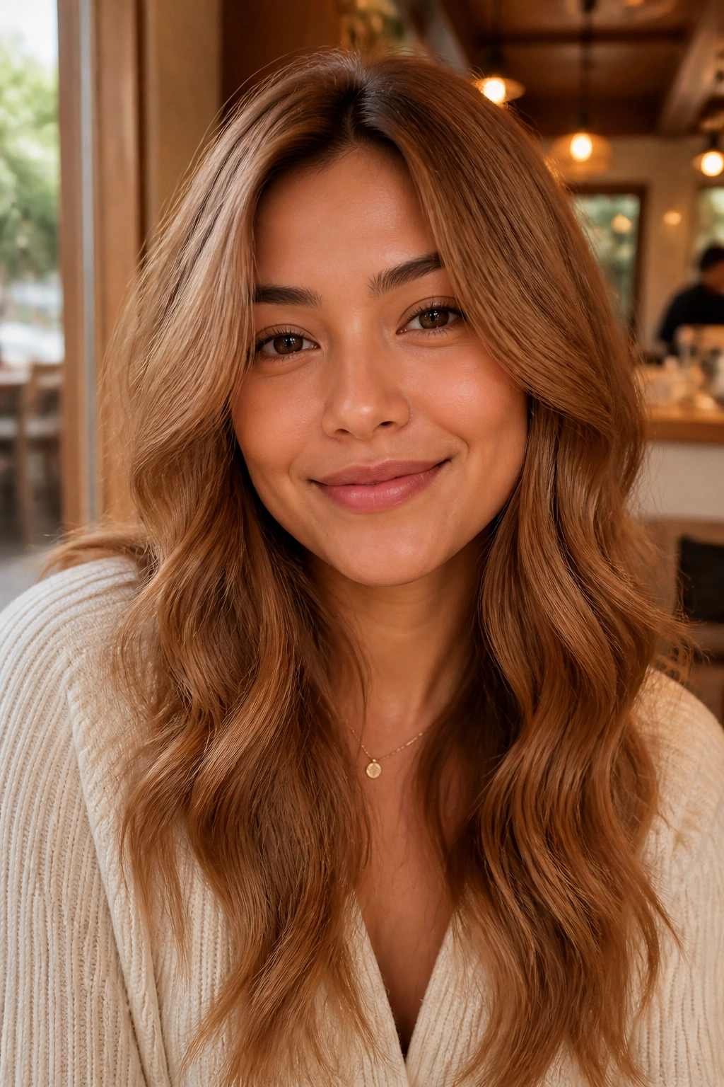 Close-up of a real woman with cinnamon latte brown hair in soft waves under warm cafe lighting.
