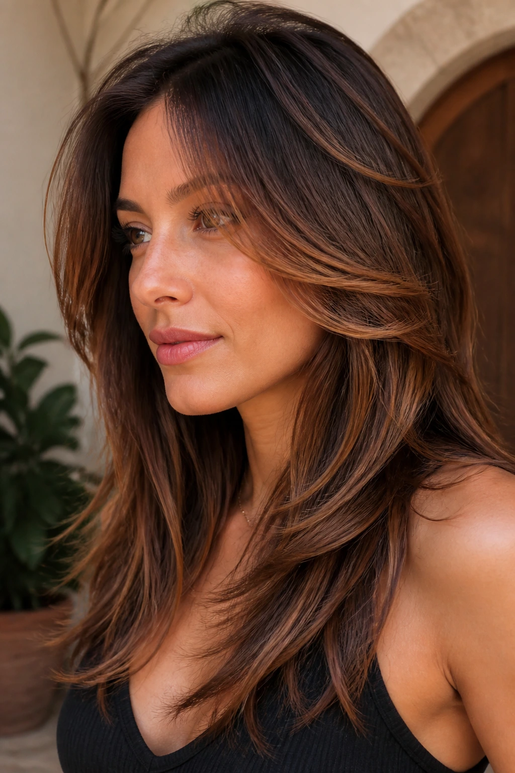 Close-up of a woman with cinnamon-kissed layered brown hair