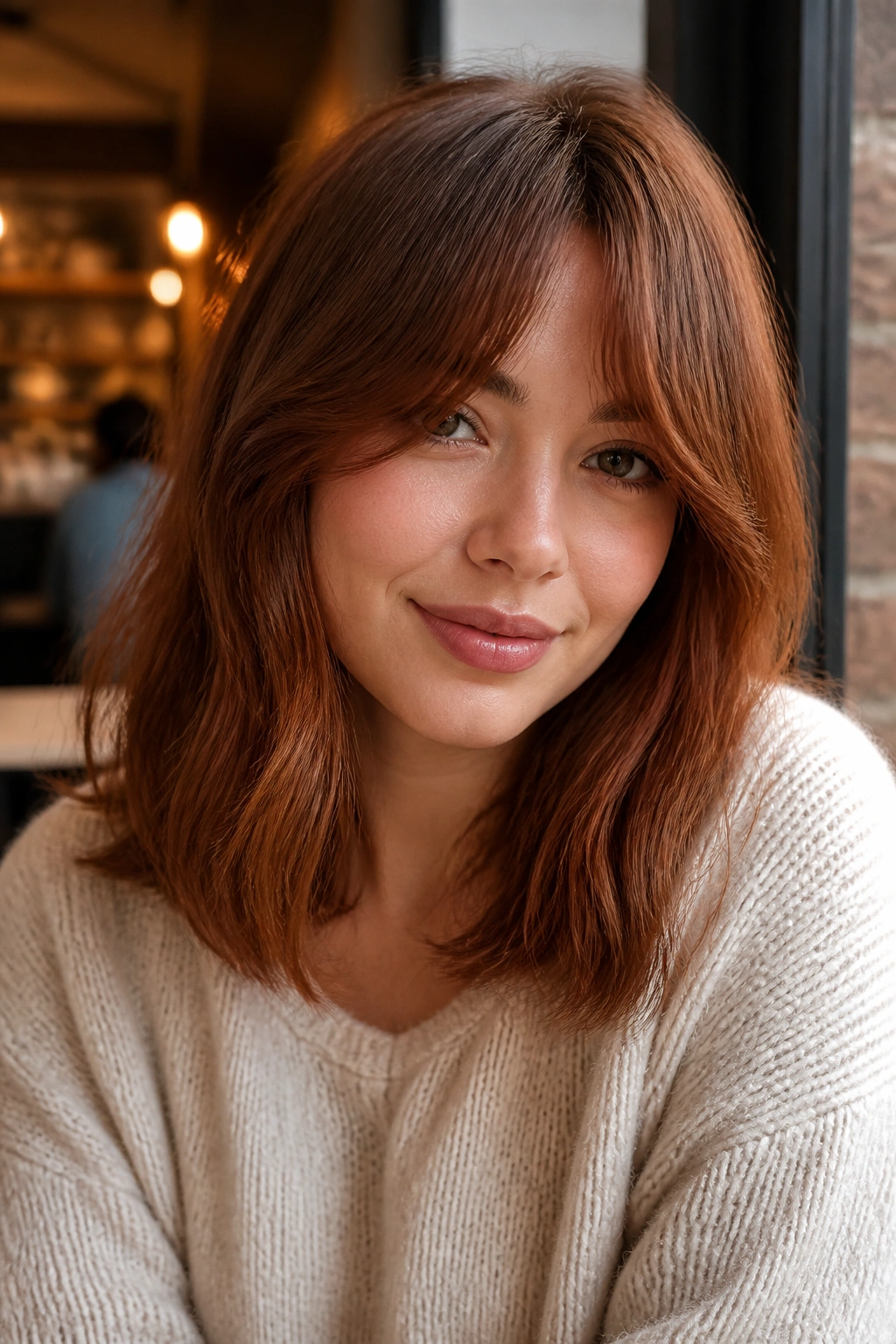 Close-up portrait of a woman with cinnamon lob curtain bangs