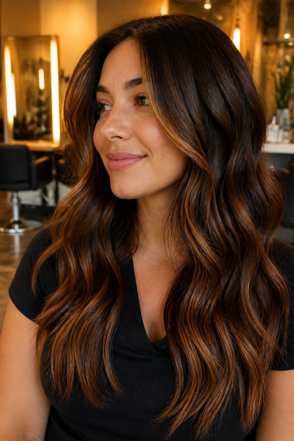 Close-up of brunette with cinnamon lowlights woven through layers