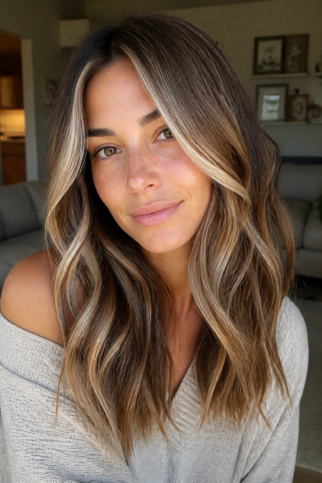 Medium brown hair with cinnamon lowlights and white ribbons.