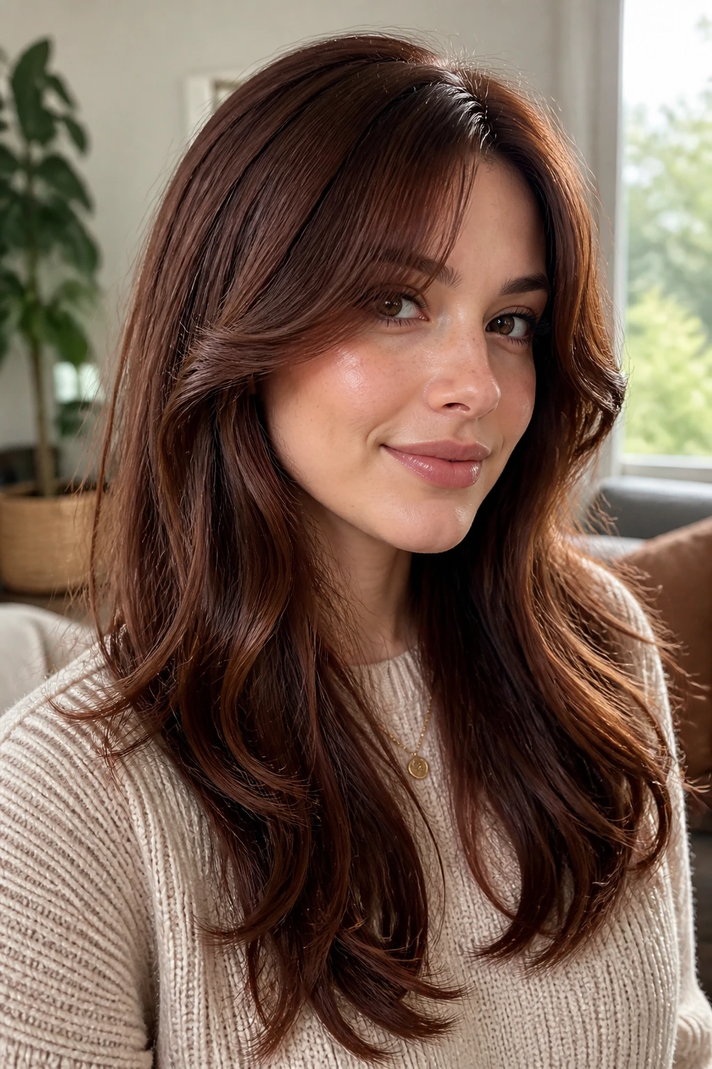 Close-up of a real woman with cinnamon mahogany and curtain bangs