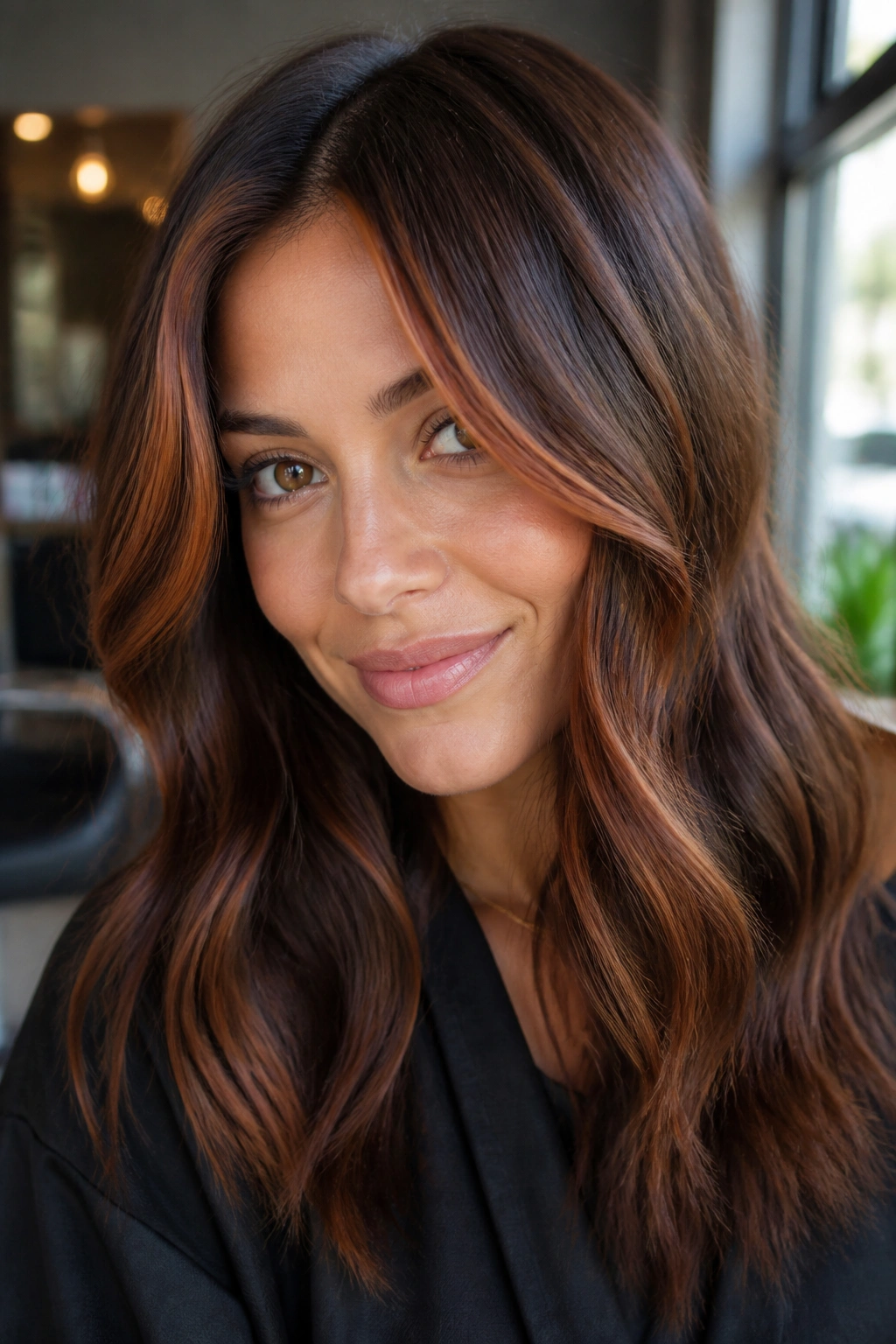 Close-up of a real woman showing a cinnamon and mahogany front frame on brown hair