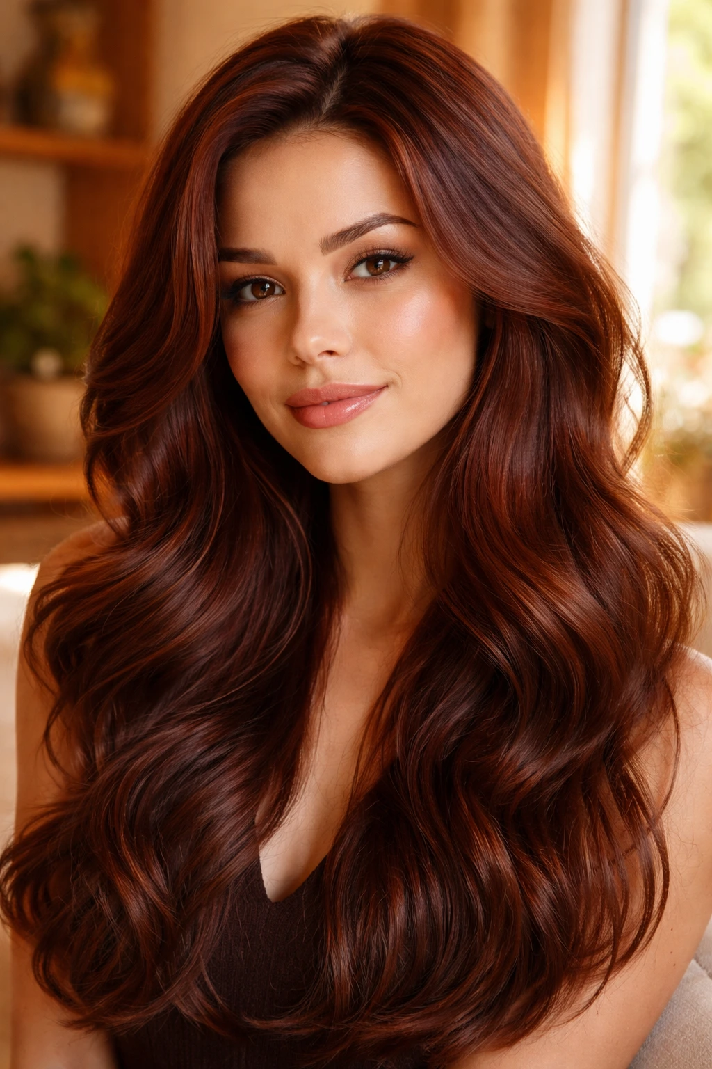 Real woman with warm cinnamon mahogany hair in sunlit room