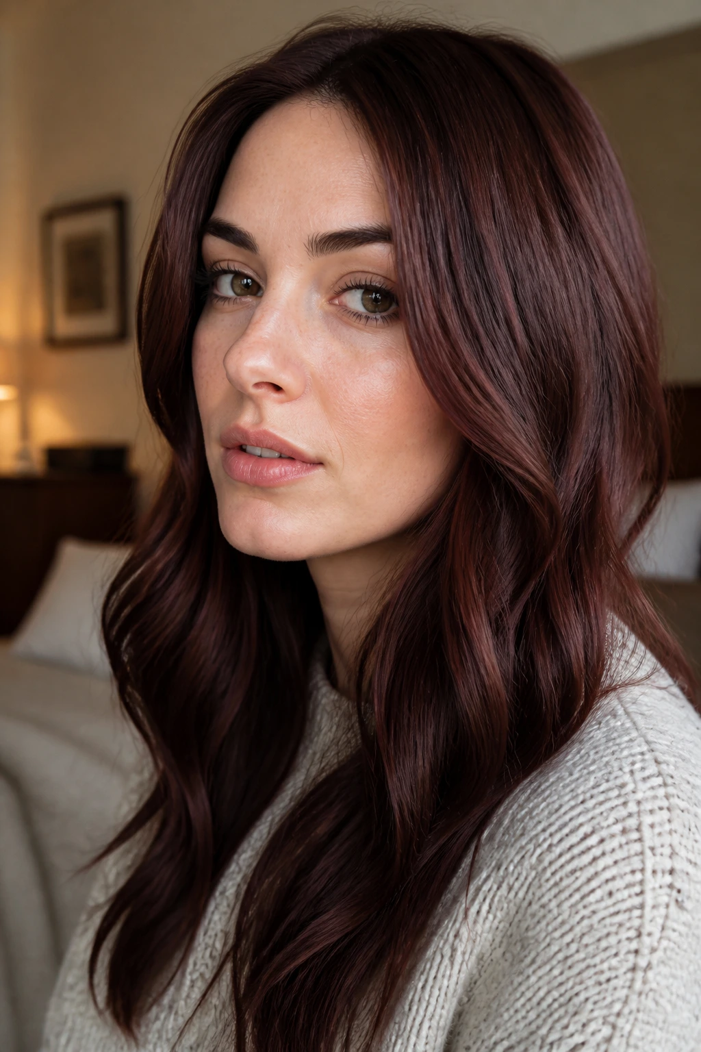 Close-up portrait of a woman with cinnamon mahogany hair and cool skin undertones.