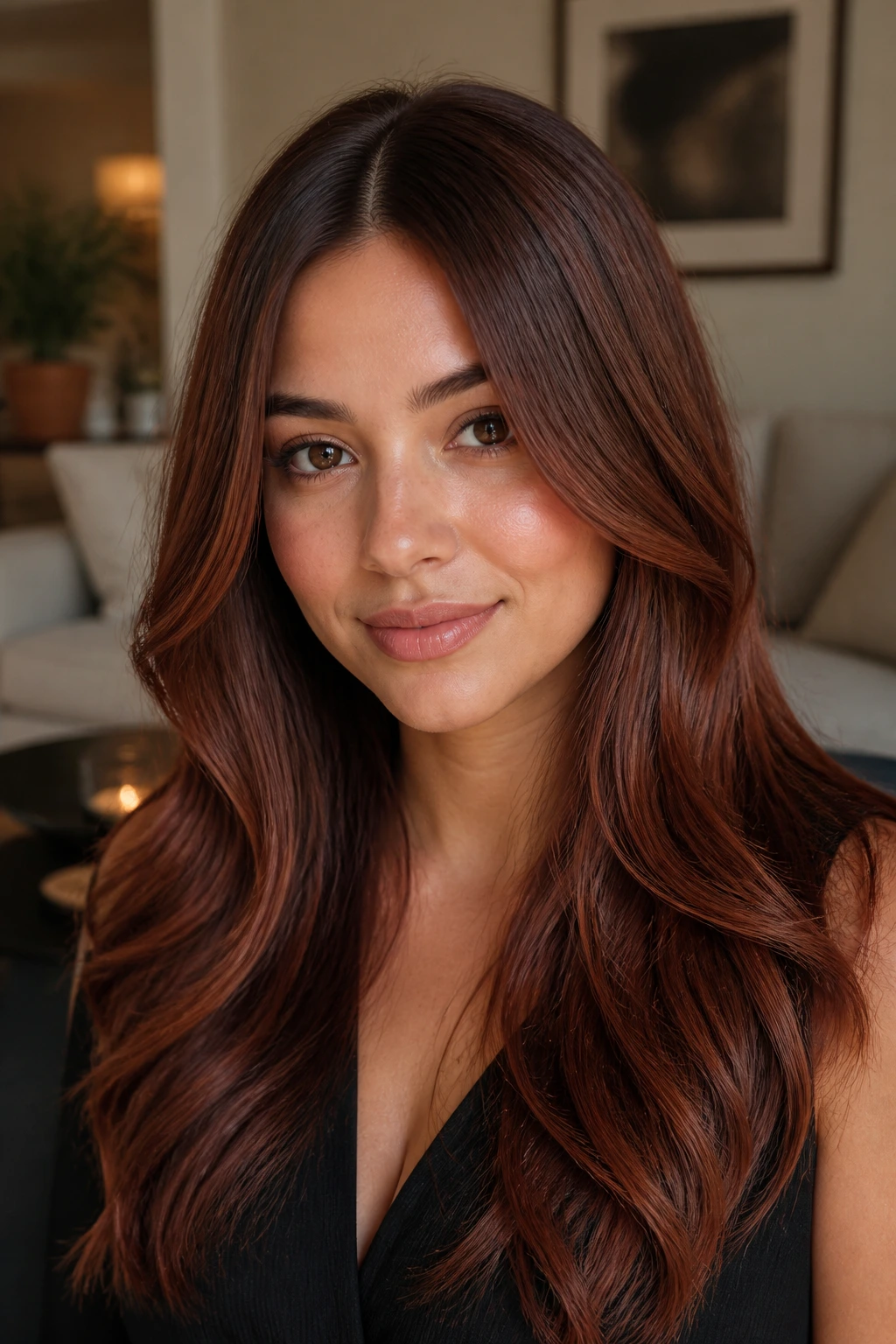 Close-up portrait of a real woman with cinnamon mahogany layers and center part